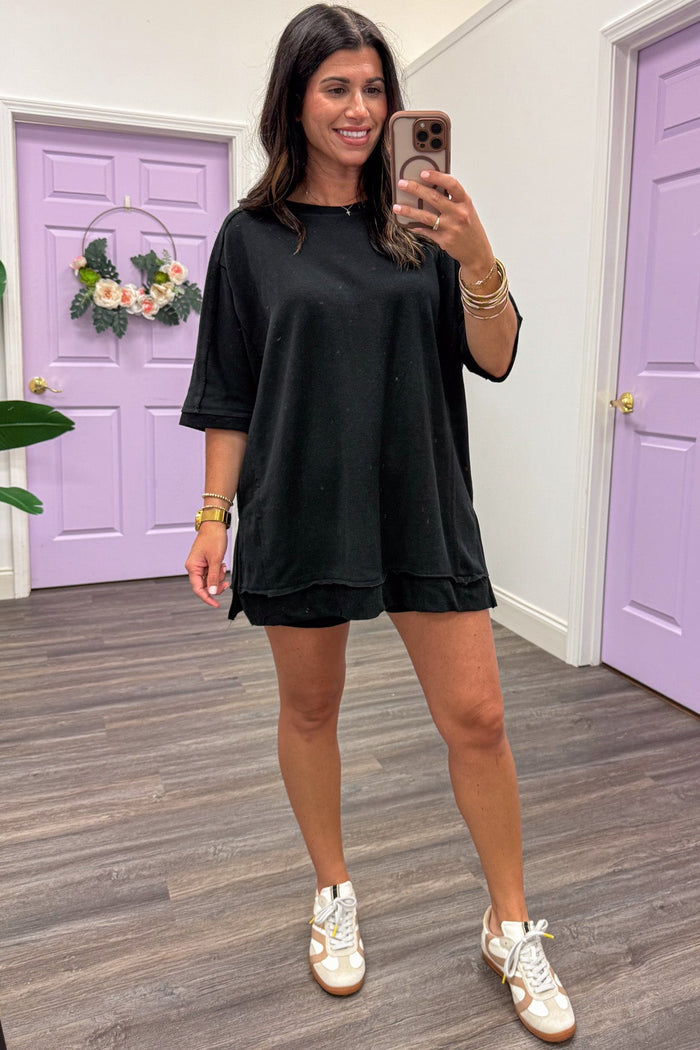 solid black dolman sleeve crew neckline oversized fit terry knit top