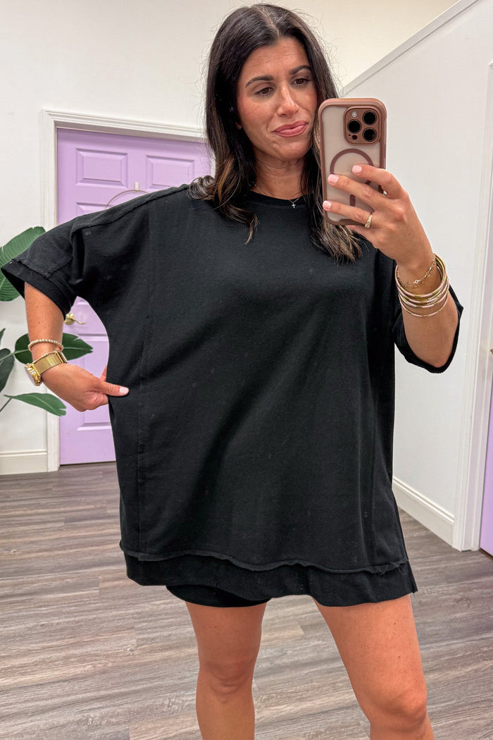 solid black dolman sleeve crew neckline loose oversized fit terry knit top