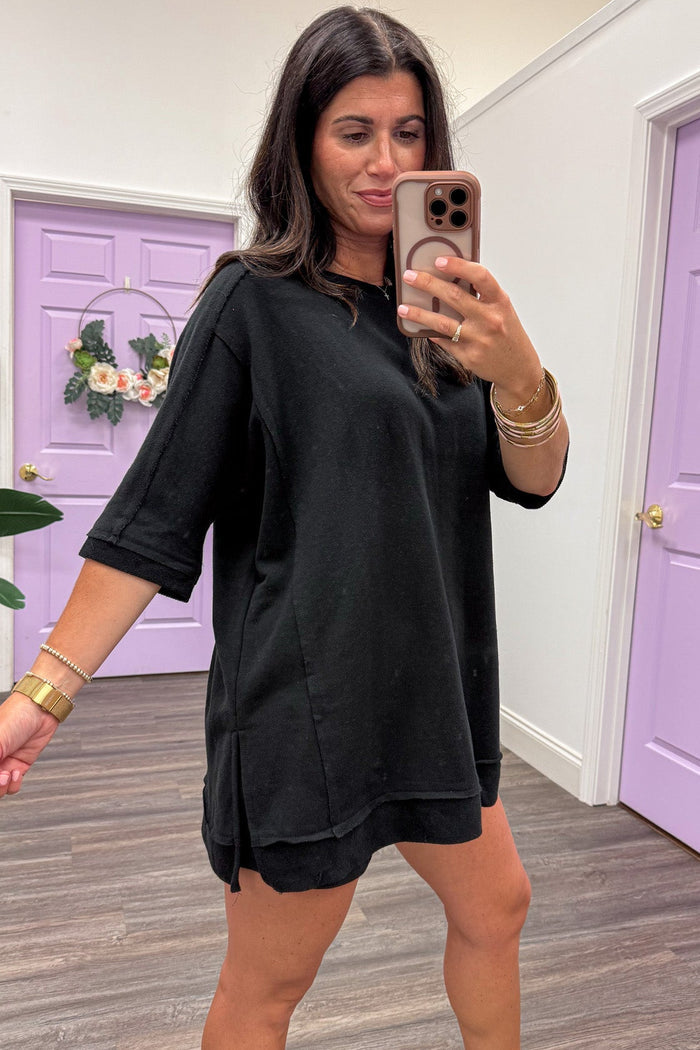 solid black loose dolman sleeve crew neckline oversized terry knit top