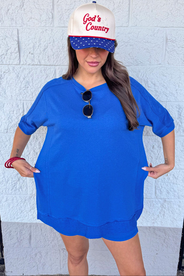 deep indigo blue athleisure oversized fit french terry knit top