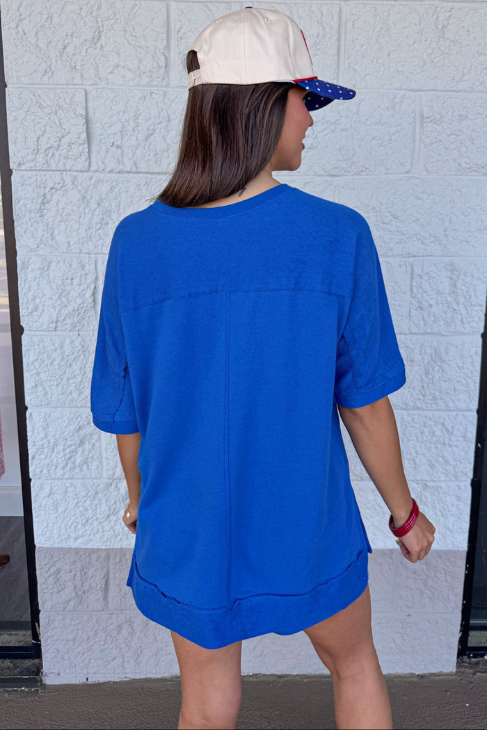 deep indigo blue athleisure loose comfortable terry knit top