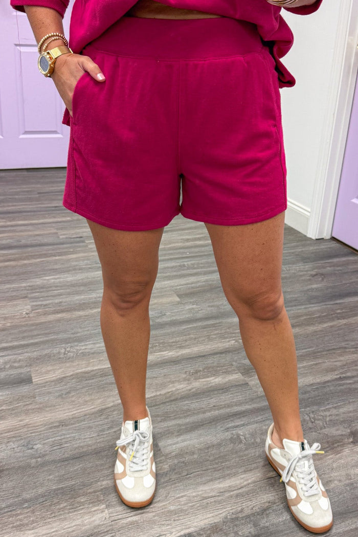 solid plum pink elastic waist athleisure french terry knit shorts
