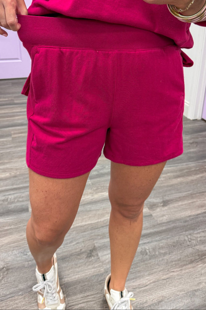 solid plum pink pull-on elastic waistband athleisure terry knit shorts