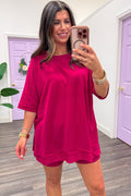 plum pink dolman sleeve crew neckline oversized terry knit top