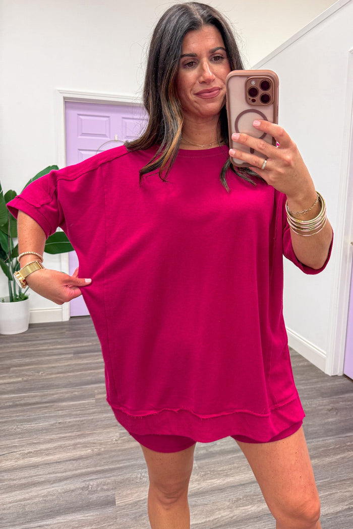 plum pink dolman sleeve crew neckline oversized fit terry knit top