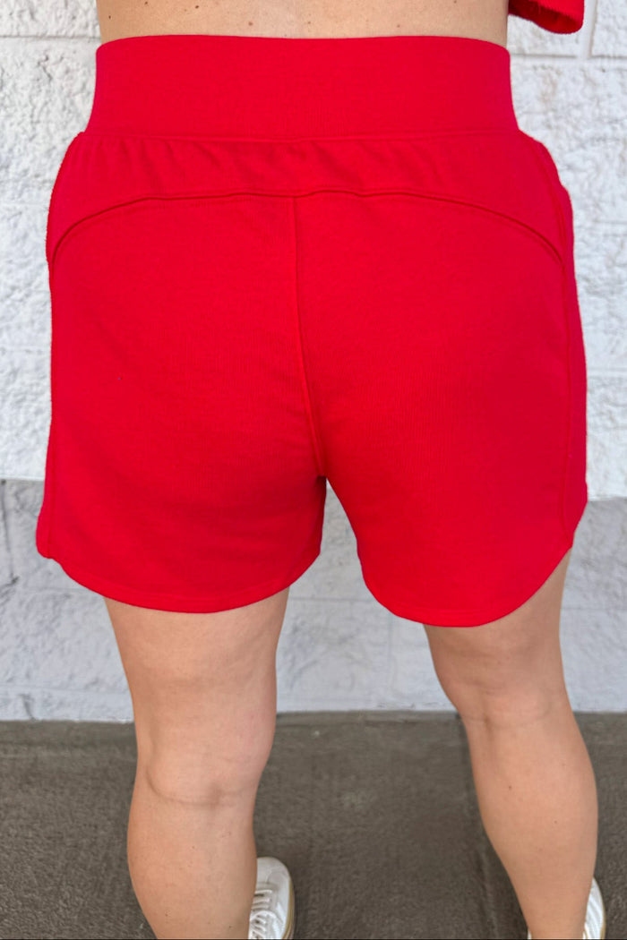 bright red french terry knit comfy athleisure shorts back view