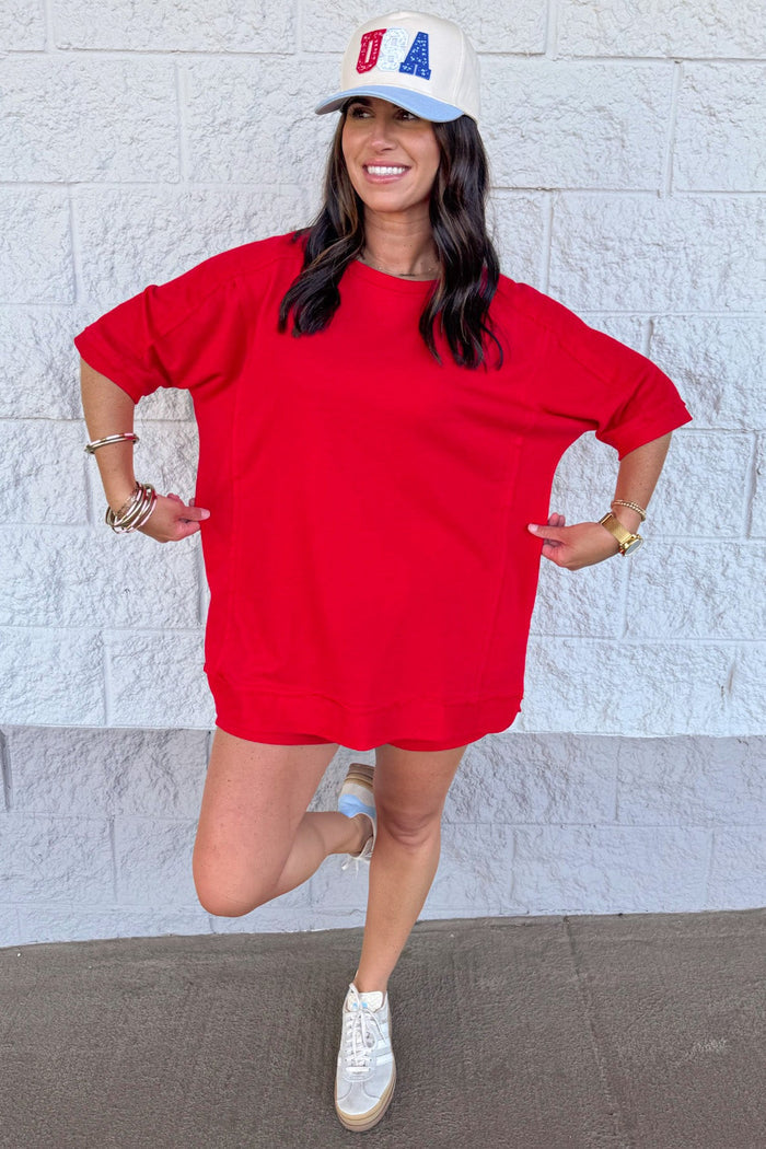 solid red short sleeve french terry knit oversized fit top