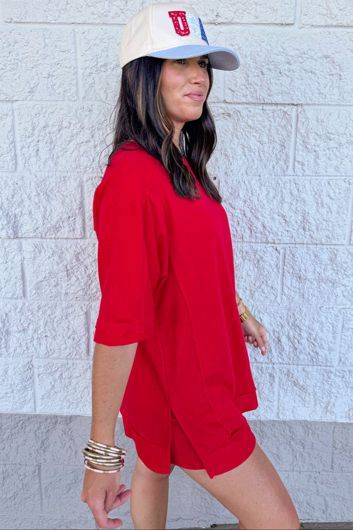 solid red short sleeve french terry knit oversized top with side slits at hem