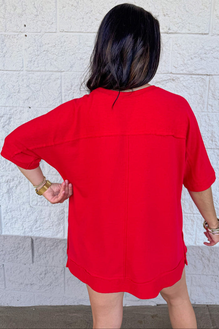 solid red short dolman sleeve french terry knit oversized top