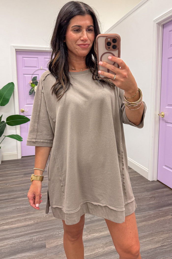 solid taupe dolman sleeve crew neckline oversized terry knit top