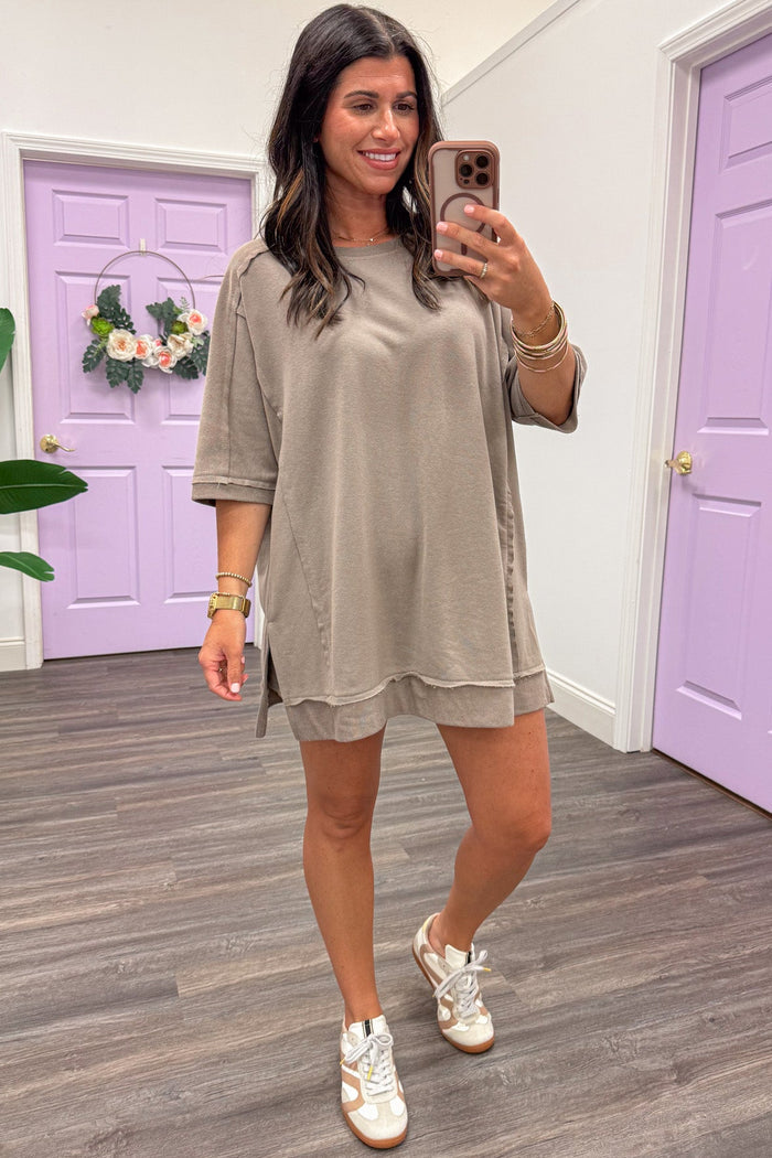 solid taupe dolman sleeve crew neckline oversized lounge terry knit top