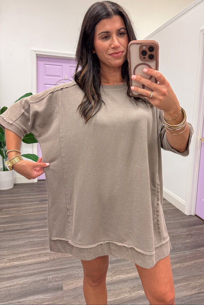 solid taupe dolman sleeve crew neckline oversized fit terry knit top