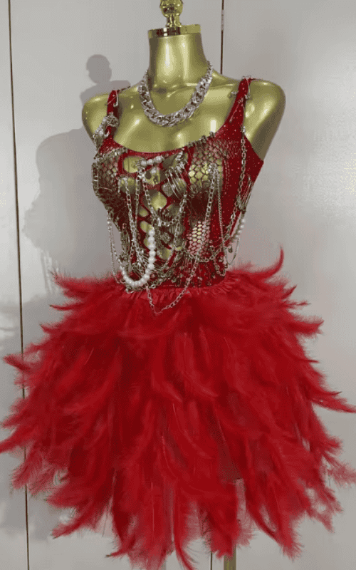 Olga Sexy Mesh Transparent Feather Trim Puffy Mini Dress