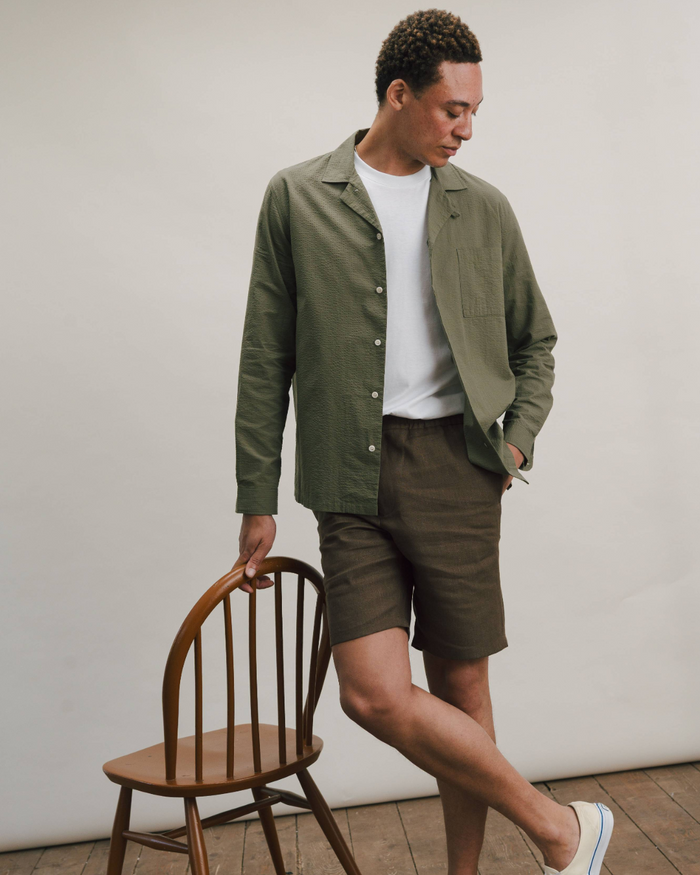 Olive Green Seersucker Long-Sleeved Cuban Shirt