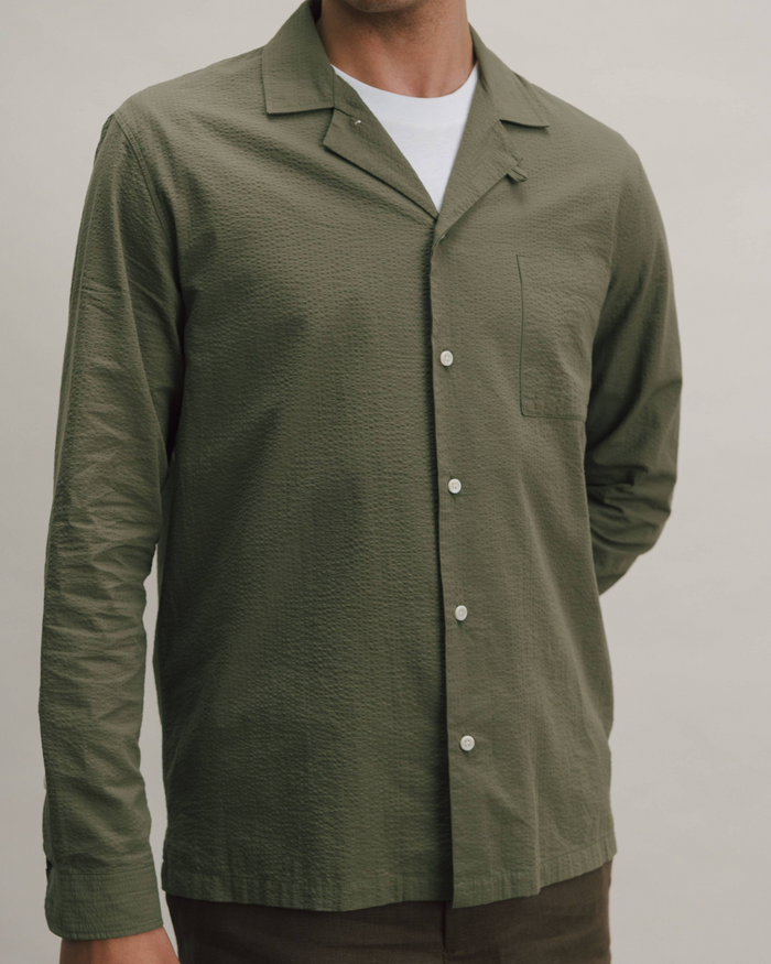 Olive Green Seersucker Long-Sleeved Cuban Shirt