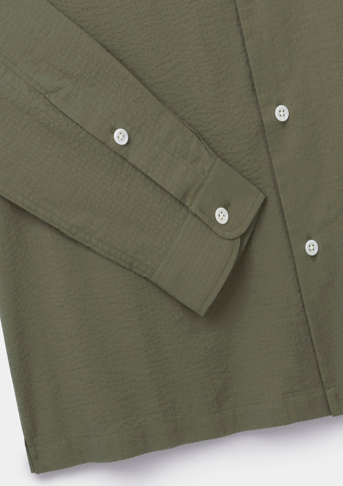 Olive Green Seersucker Long-Sleeved Cuban Shirt, Cuban Shirt - SIRPLUS