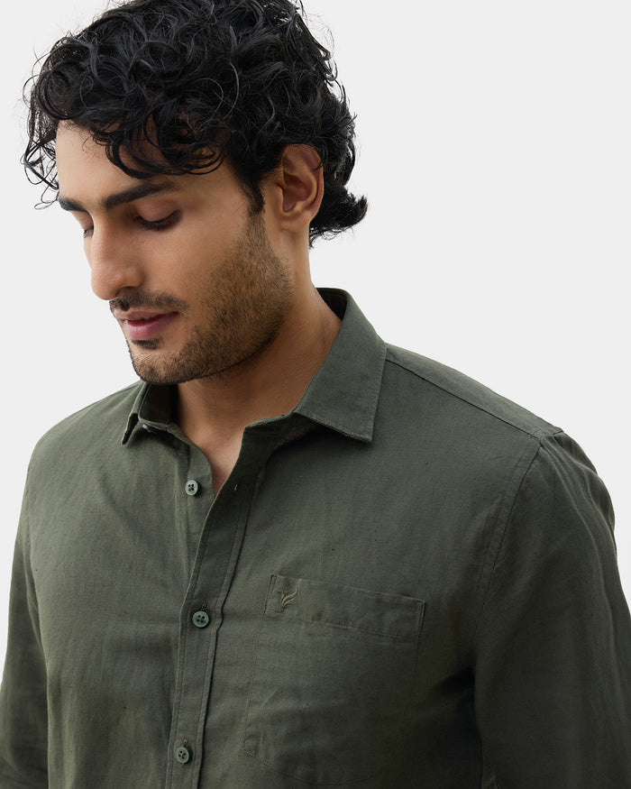 Olive Linen Solid Shirt - Salmon