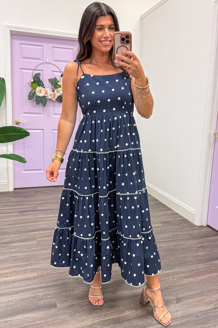 navy with white polka dot print sleeveless tiered scallop trim midi dress