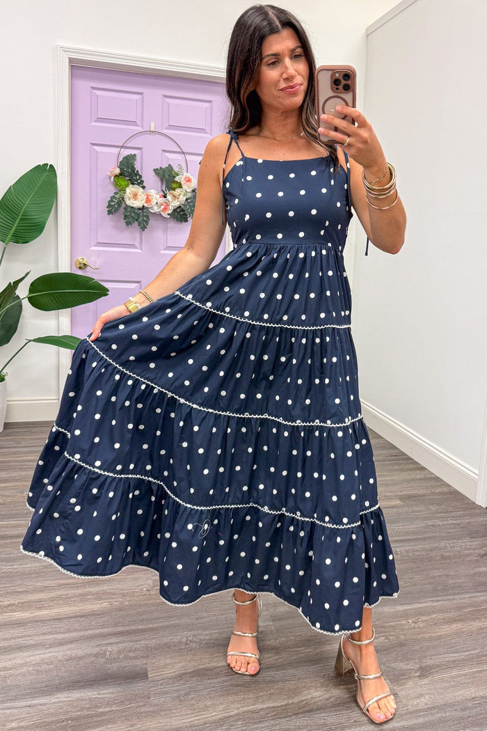 navy with white polka dot print sleeveless tiered flowy midi dress