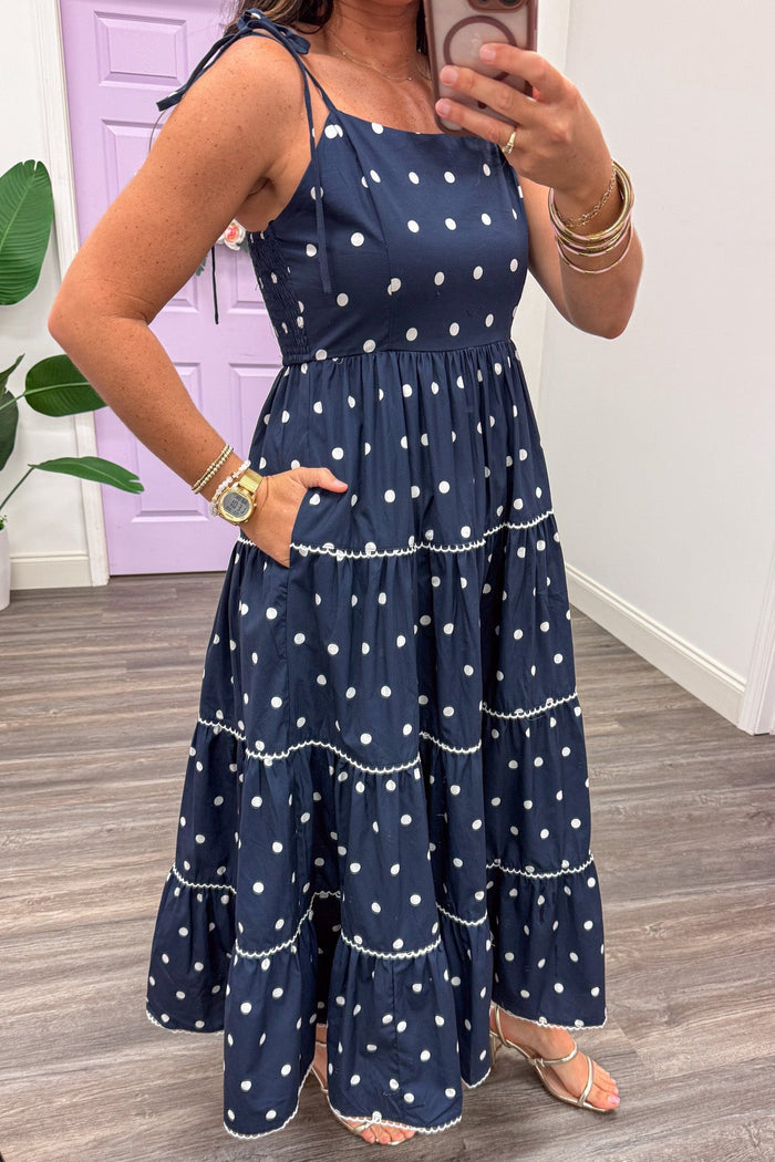 navy with white polka dot print sleeveless tiered midi dress with side pockets