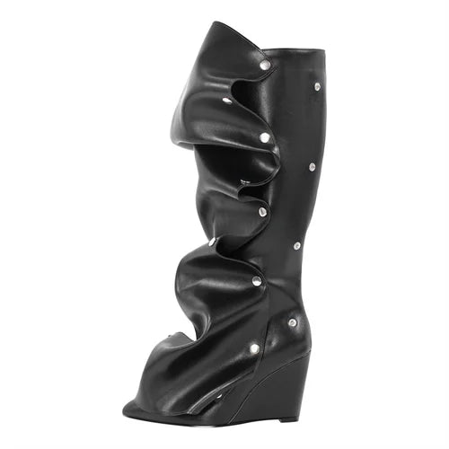 Onlymaker Women Pleated Pointed Toe Black Wedges Knee High Boots Fashion Buttons Boots