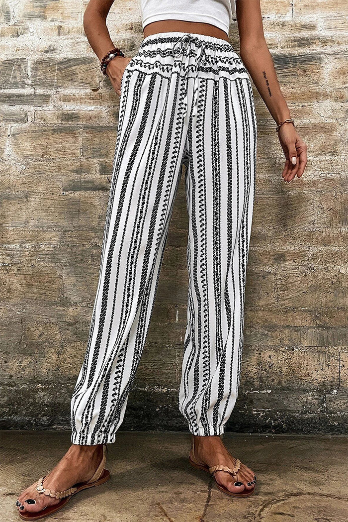 Pantalon décontracté à rayures style bohème noir