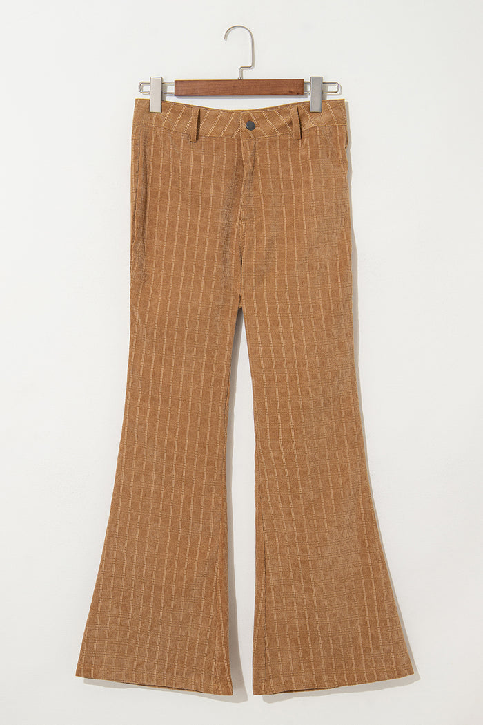 Pantalon taille haute évasé en velours côtelé à carreaux