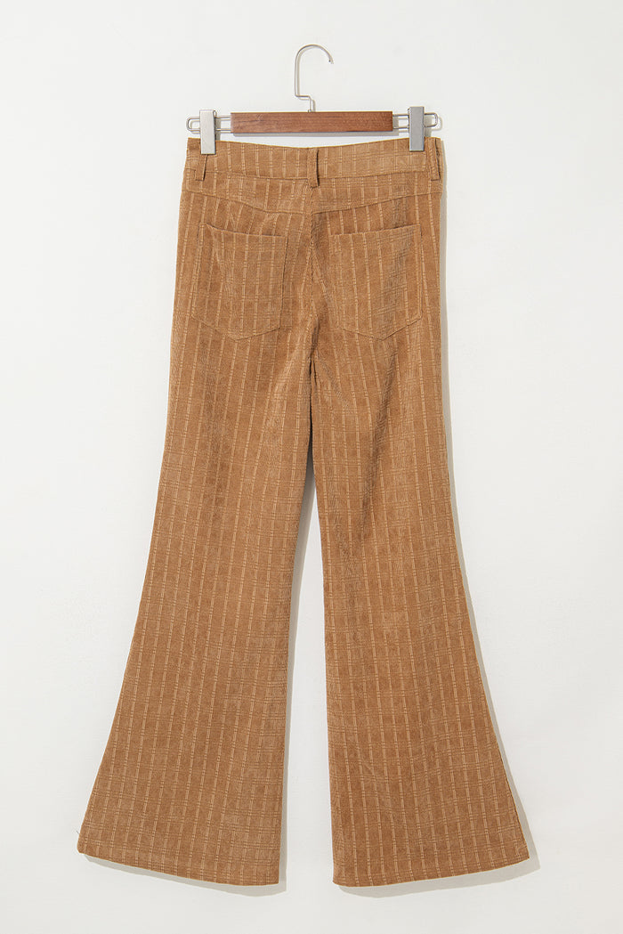 Pantalon taille haute évasé en velours côtelé à carreaux