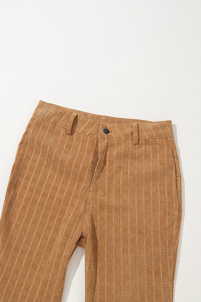 Pantalon taille haute évasé en velours côtelé à carreaux