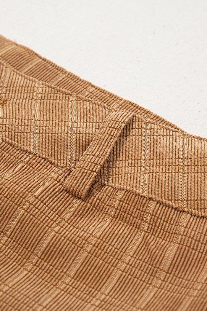 Pantalon taille haute évasé en velours côtelé à carreaux