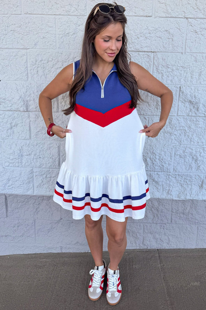 off white with red and blue colorblock relaxed silhouette knit mini dress