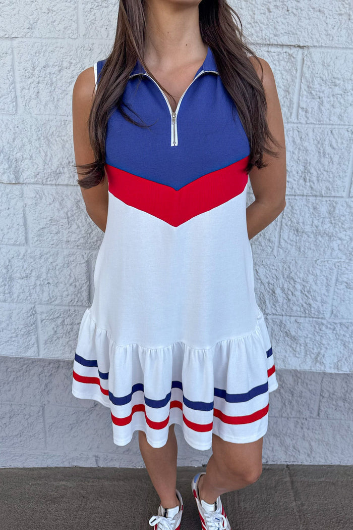 off white with red and blue colorblock quarter zip collared neckline mini dress