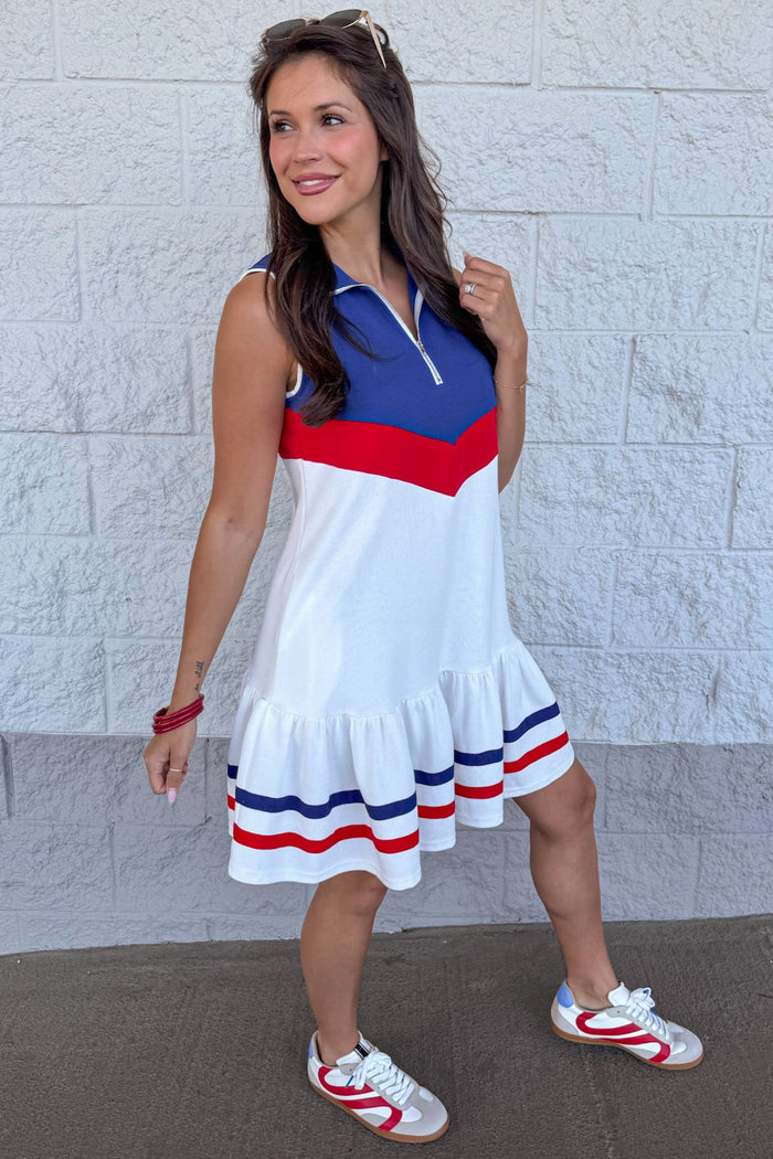 off white with red and blue colorblock ruffled bottom hem mini dress