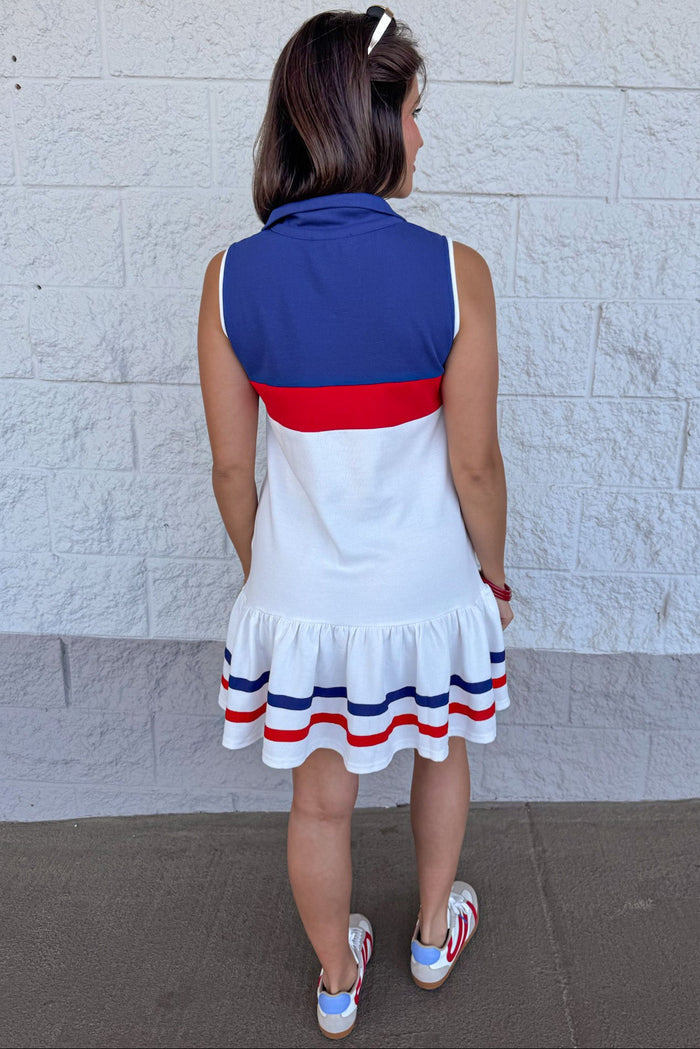 off white with red and blue colorblock sleeveless knit short dress