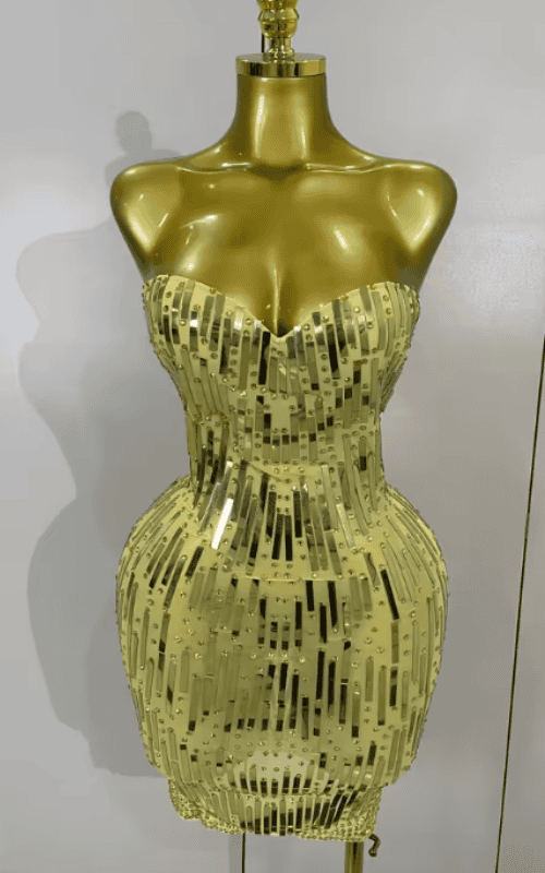 Patti Strapless Gold Rhinestone Sequin Sheer Mesh Bodycon Mini Dress