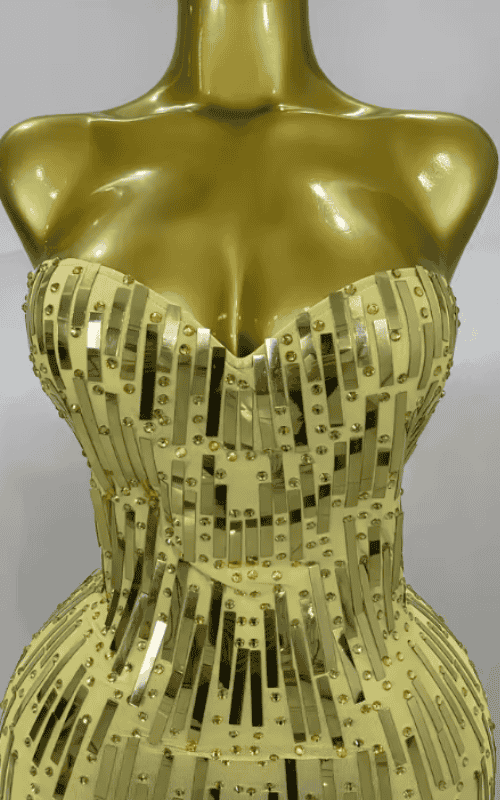 Patti Strapless Gold Rhinestone Sequin Sheer Mesh Bodycon Mini Dress