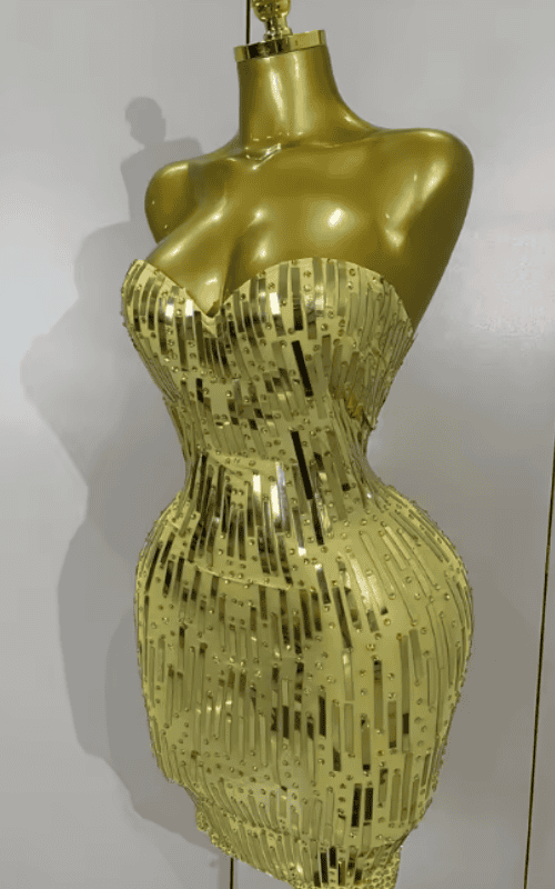 Patti Strapless Gold Rhinestone Sequin Sheer Mesh Bodycon Mini Dress