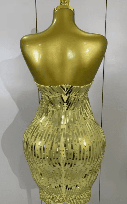 Patti Strapless Gold Rhinestone Sequin Sheer Mesh Bodycon Mini Dress