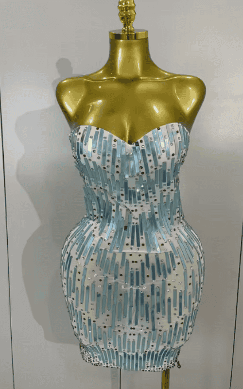 Patti Strapless Gold Rhinestone Sequin Sheer Mesh Bodycon Mini Dress