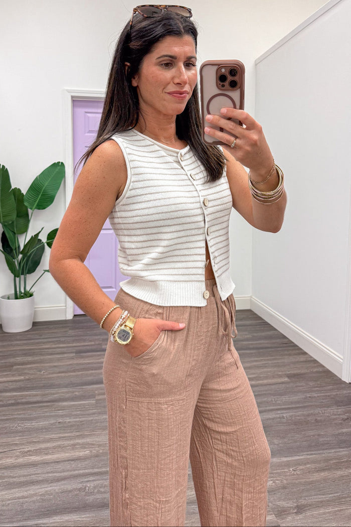 cream and khaki striped sleeveless button front vest style knit top