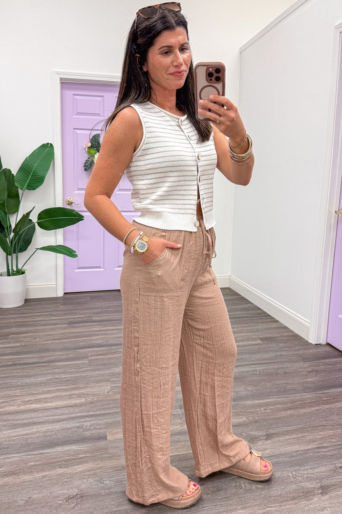 cream and khaki striped button front vest style semi-cropped knit top