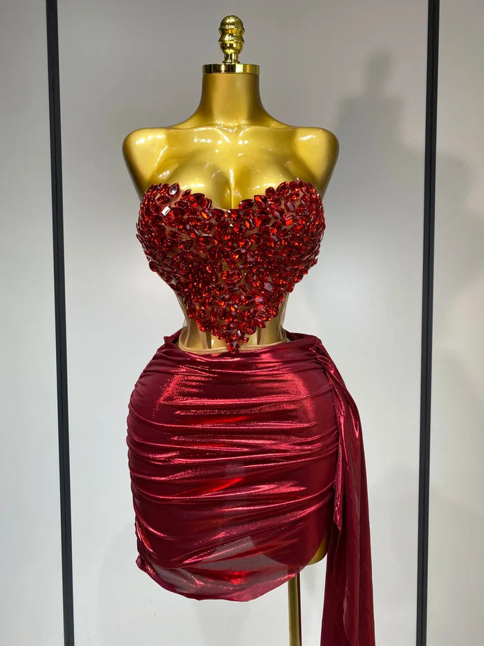 sparkly red diamond two-piece prom and party set for women.