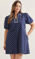 Entro navy plus size dress with cream polka dot print and cinch waist