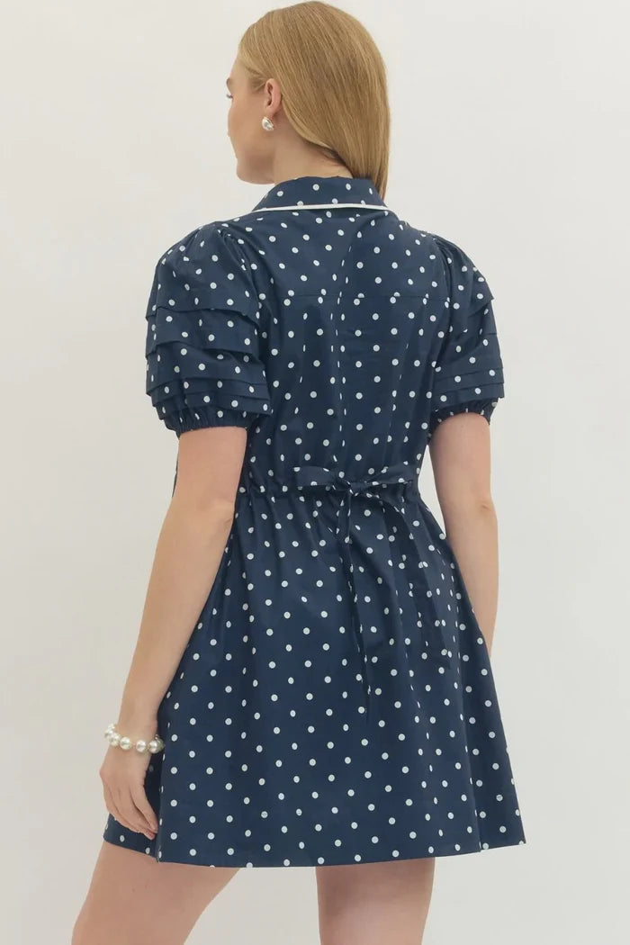 Entro navy and cream polka dot print cinch waist dress with puff sleeves