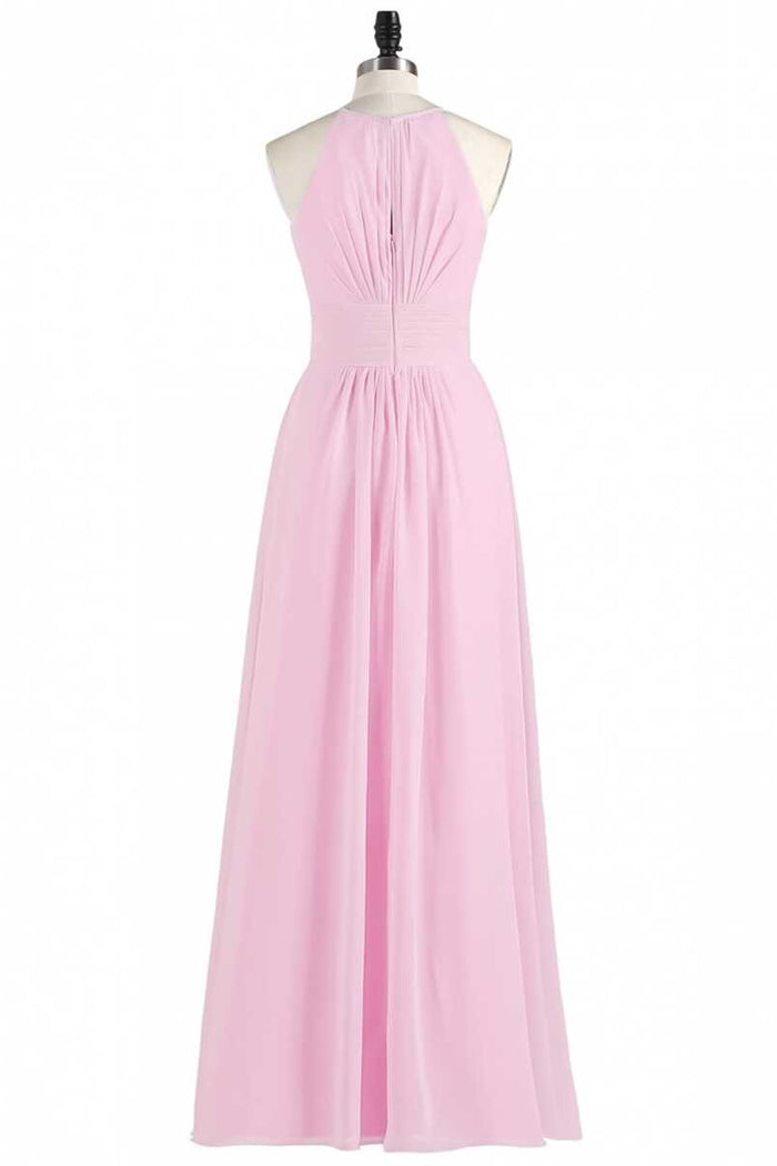 Pink Chiffon Halter Sleeveless A-Line Long Bridesmaid Dress