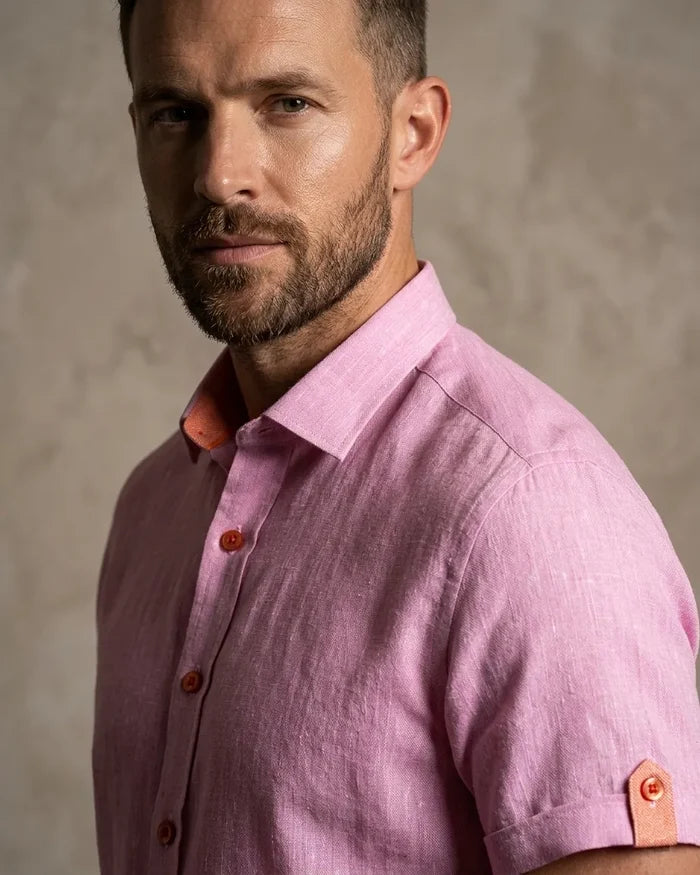 Pink Plain Linen Short Sleeve Shirt