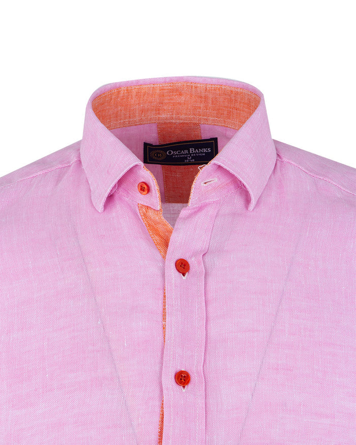 Pink Plain Linen Short Sleeve Shirt-Makrom