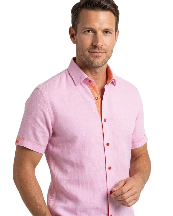 Pink Plain Linen Short Sleeve Shirt-Makrom