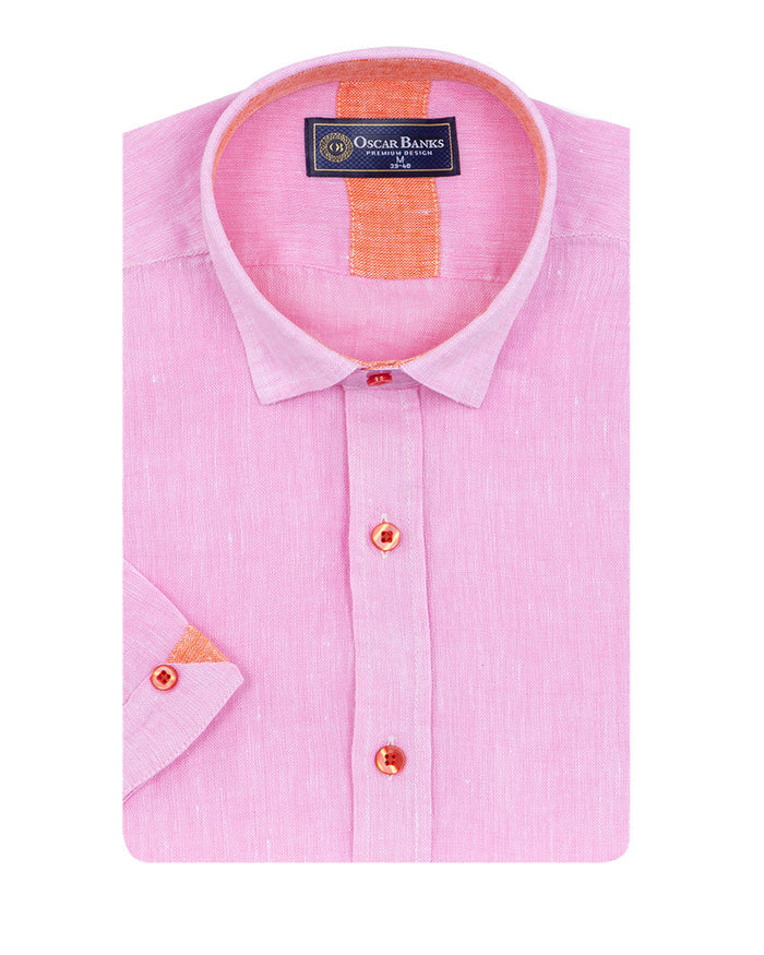 Pink Plain Linen Short Sleeve Shirt-Makrom