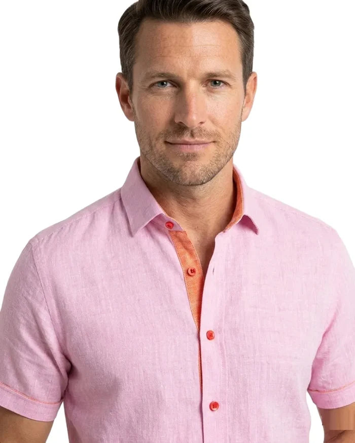 Pink Plain Linen Short Sleeve Shirt-Makrom